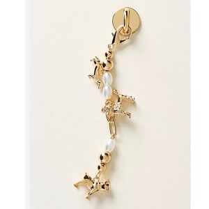 Anthropologie Dog Party Beaded Phone Charm Gold Poodle Bulldog Faux Pearl NEW